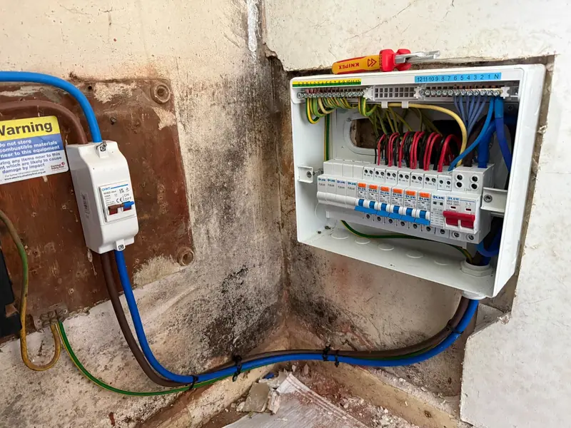 The new twelve-way enclosure mid-wire on a damp cellar wall, with a new 100A isolator to the left