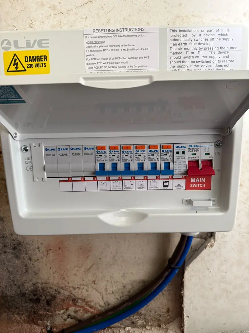 A finished consumer unit with the lid open, every way labelled with a picture and a name